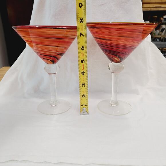 Martini Glasses, Handblown Red, Orange & Black Swirl  "Red Twist" , PRE-OWNED - Picture 1 of 5
